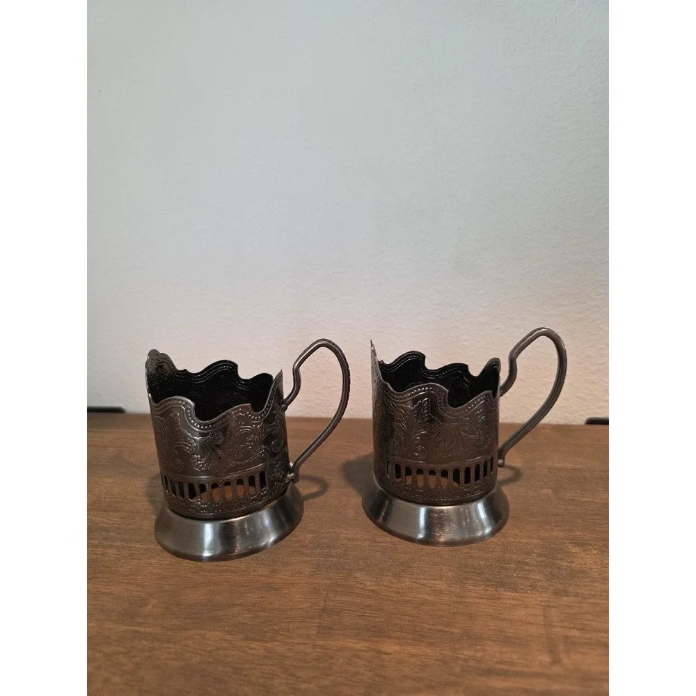 VTG‎ Russian Nickel Plated Tea Glass Cup Holder Kolchugino Palms Set Of 2 Art Pc